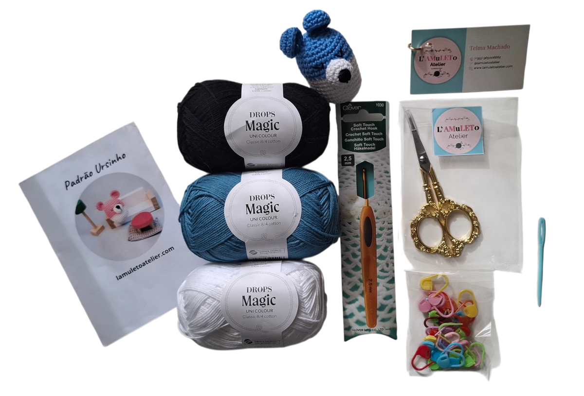 kit amigurumi ursinho azul lamuleto
